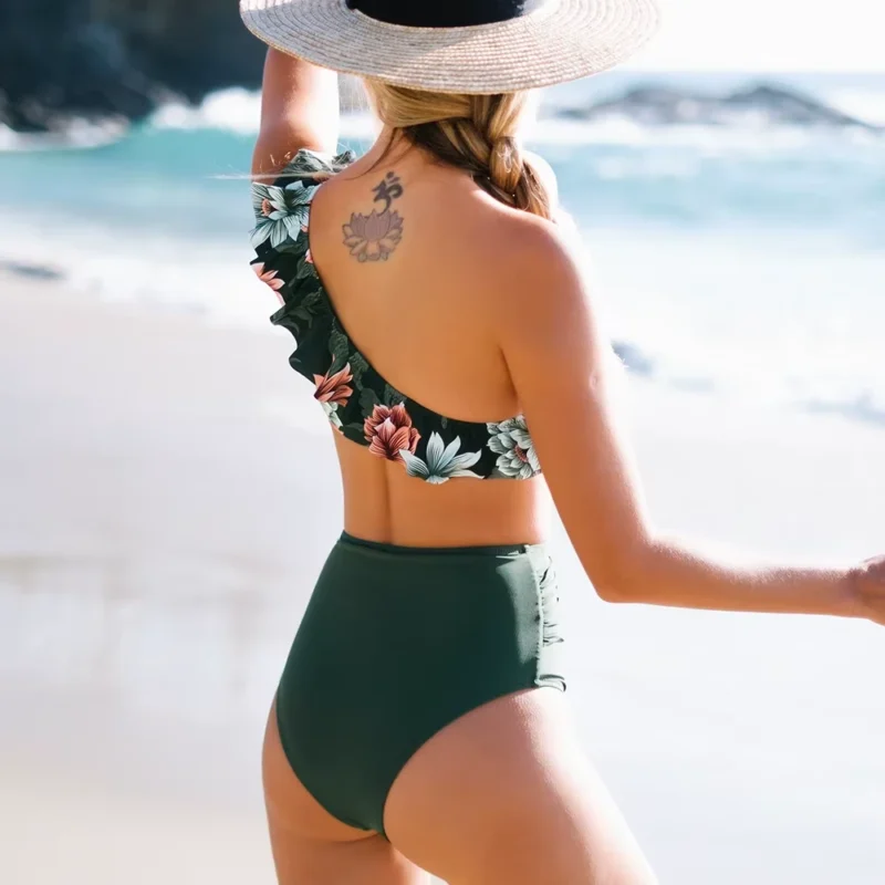 Green Floral One Shoulder High Waist Bikini Set – Sexy Two-Piece Swimwear - Image 3