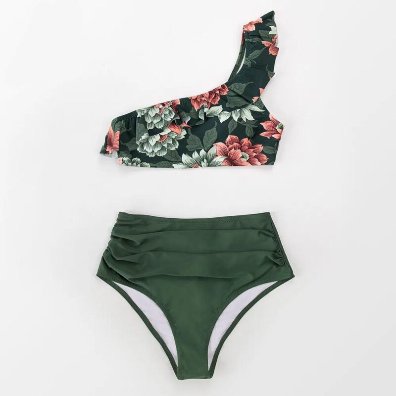Green Floral One Shoulder High Waist Bikini Set – Sexy Two-Piece Swimwear - Image 4