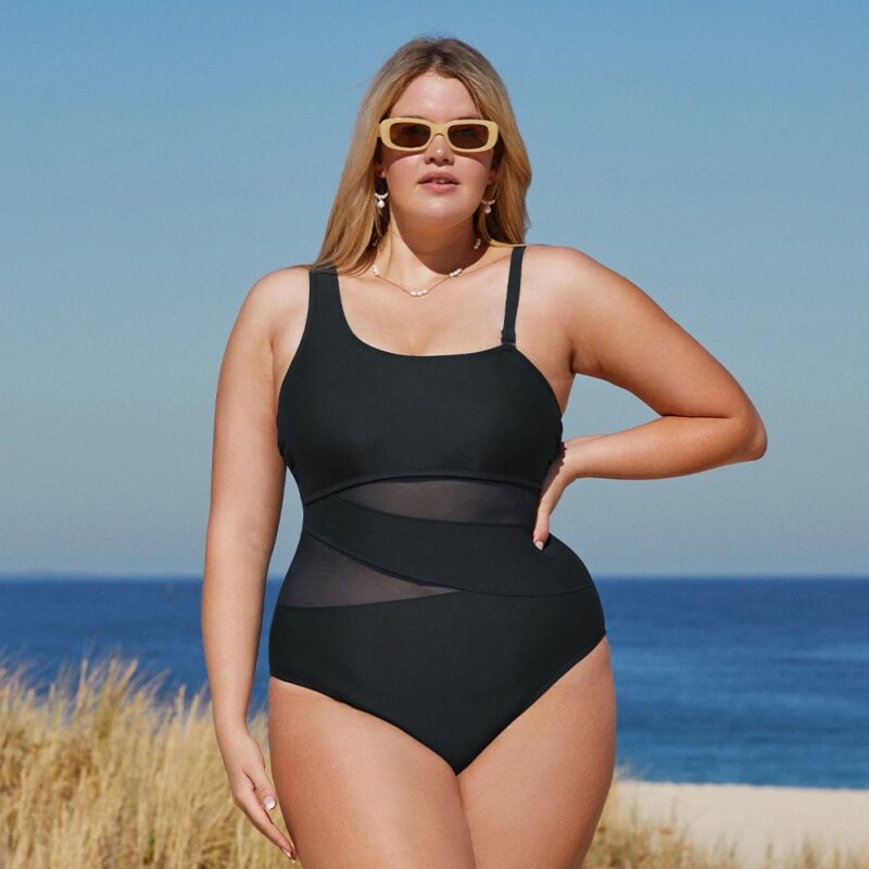 Plus Size One Shoulder Mesh Monokini Swimsuit for Women