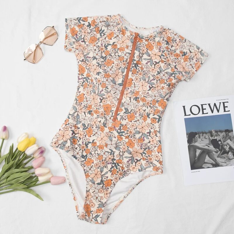Sexy Zipper Floral High Neck Short Sleeve One-Piece Swimsuit for Women - Image 5