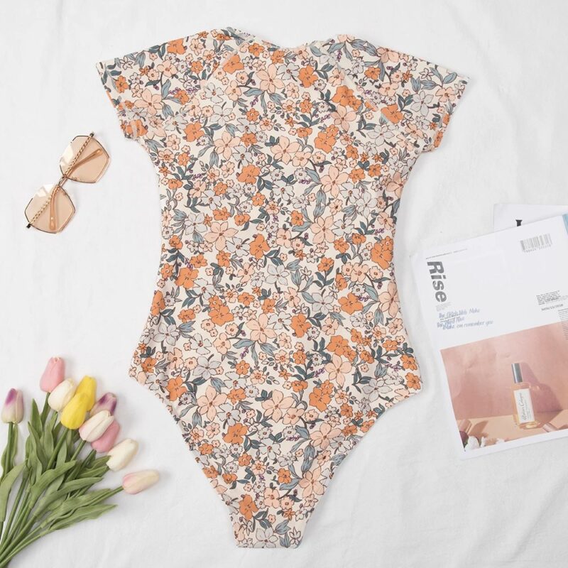 Sexy Zipper Floral High Neck Short Sleeve One-Piece Swimsuit for Women - Image 6