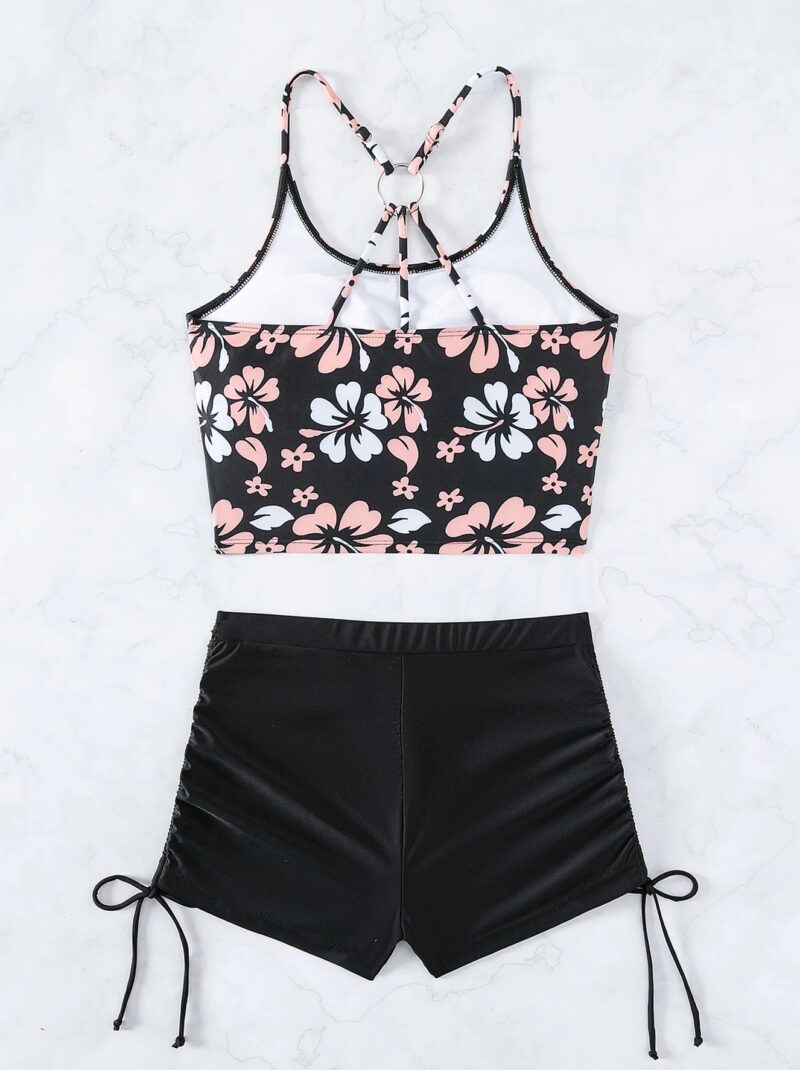 Floral Tankini Set with Adjustable Straps & High-Waist Bikini Shorts - Image 5