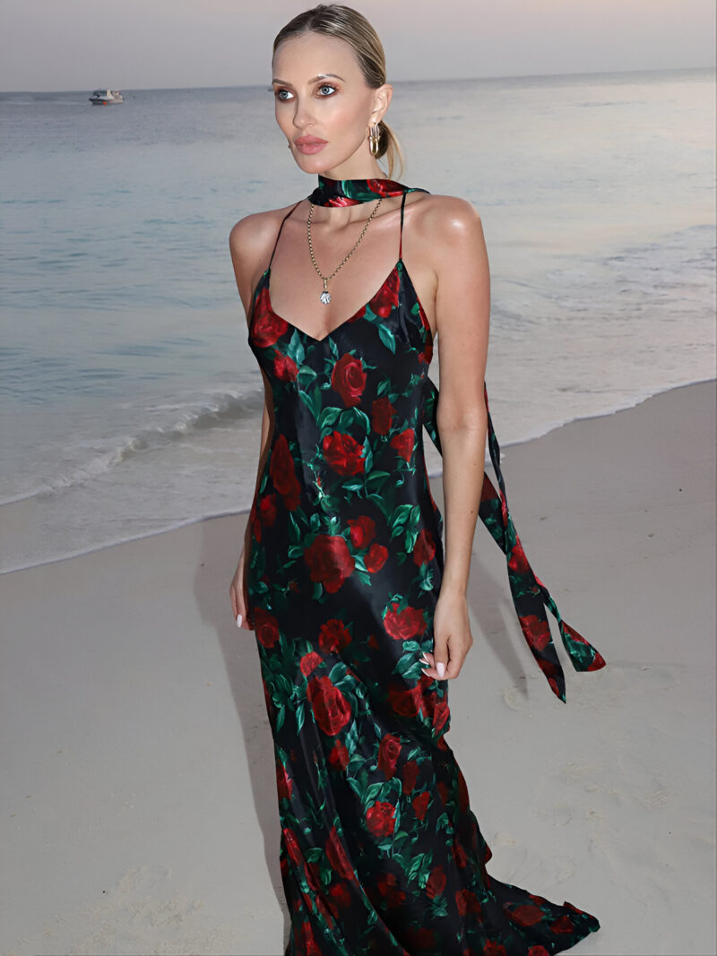 Backless Halter Print Maxi Dress - Image 2