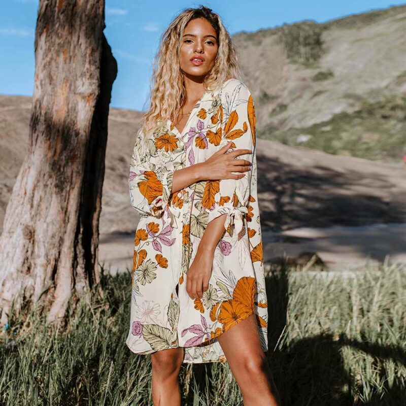 Floral Chiffon Beach Cover Up Shirt Dress - Image 2