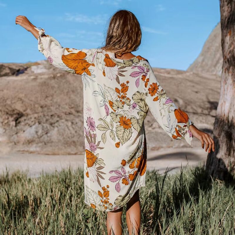 Floral Chiffon Beach Cover Up Shirt Dress - Image 3