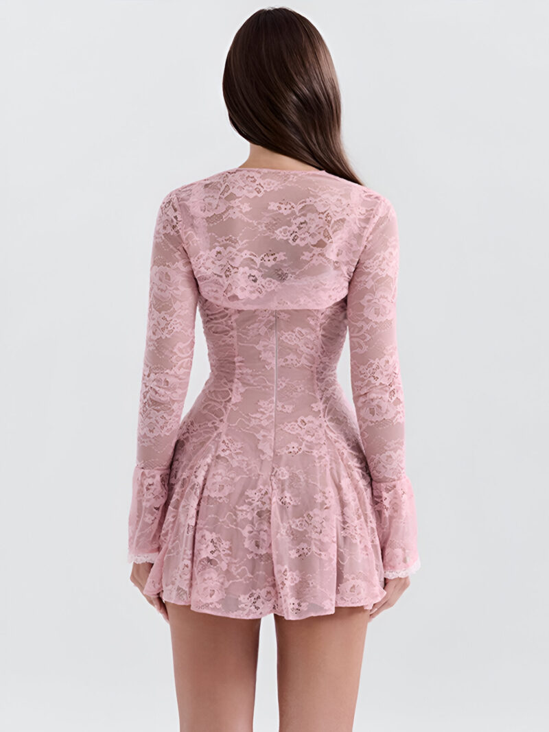 Sexy Pink Lace Flare Sleeve Mini Dress - Image 5