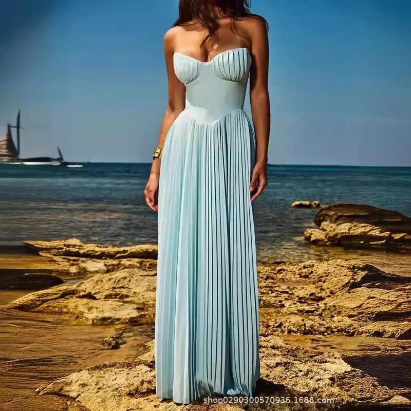 Elegant Strapless Pleated Maxi Dress